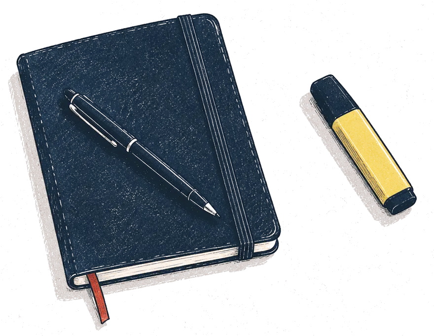 Founder desk with a closed notebook, pen and highlighter
