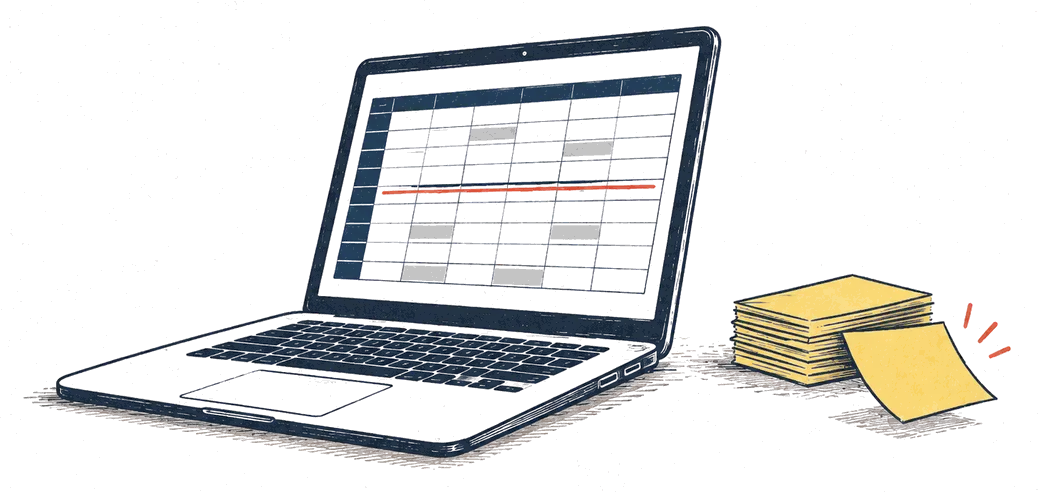 Open laptop showing a lead spreadsheet with one overdue follow-up row underlined in red, beside a stack of yellow sticky notes