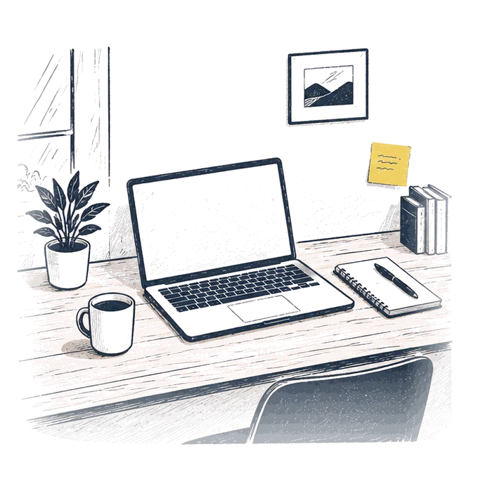 Solo consultant's home desk with a laptop, notebook, plant and sticky note